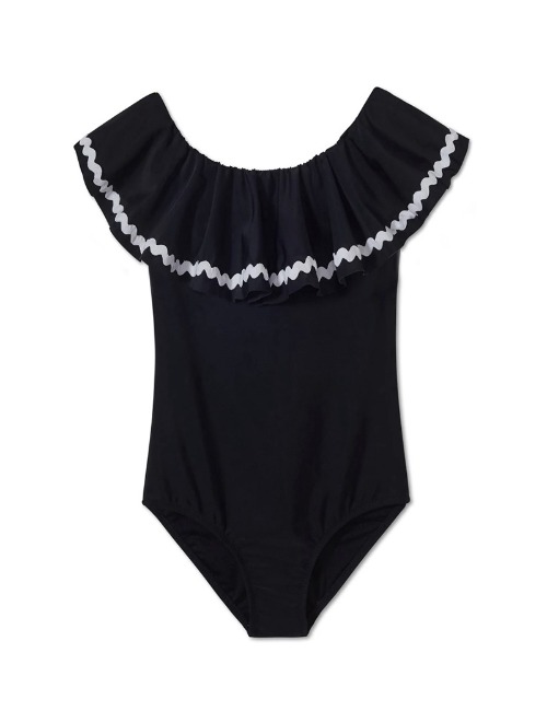 Black draped swimsuit with ric rac