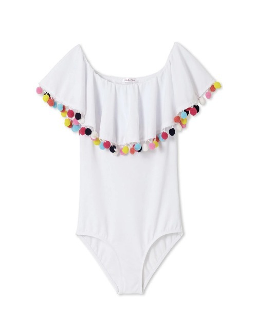 White draped swimsuit with pom poms