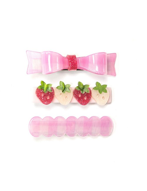 Pink checked bow + Strawberries Alligator clips